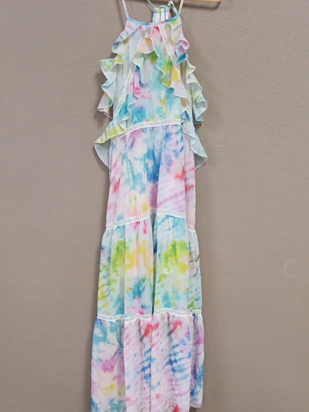 Hannah Banana Pastel Tie-Dye Ruffle Halter Maxi Dress - Blue Pink Yellow Green